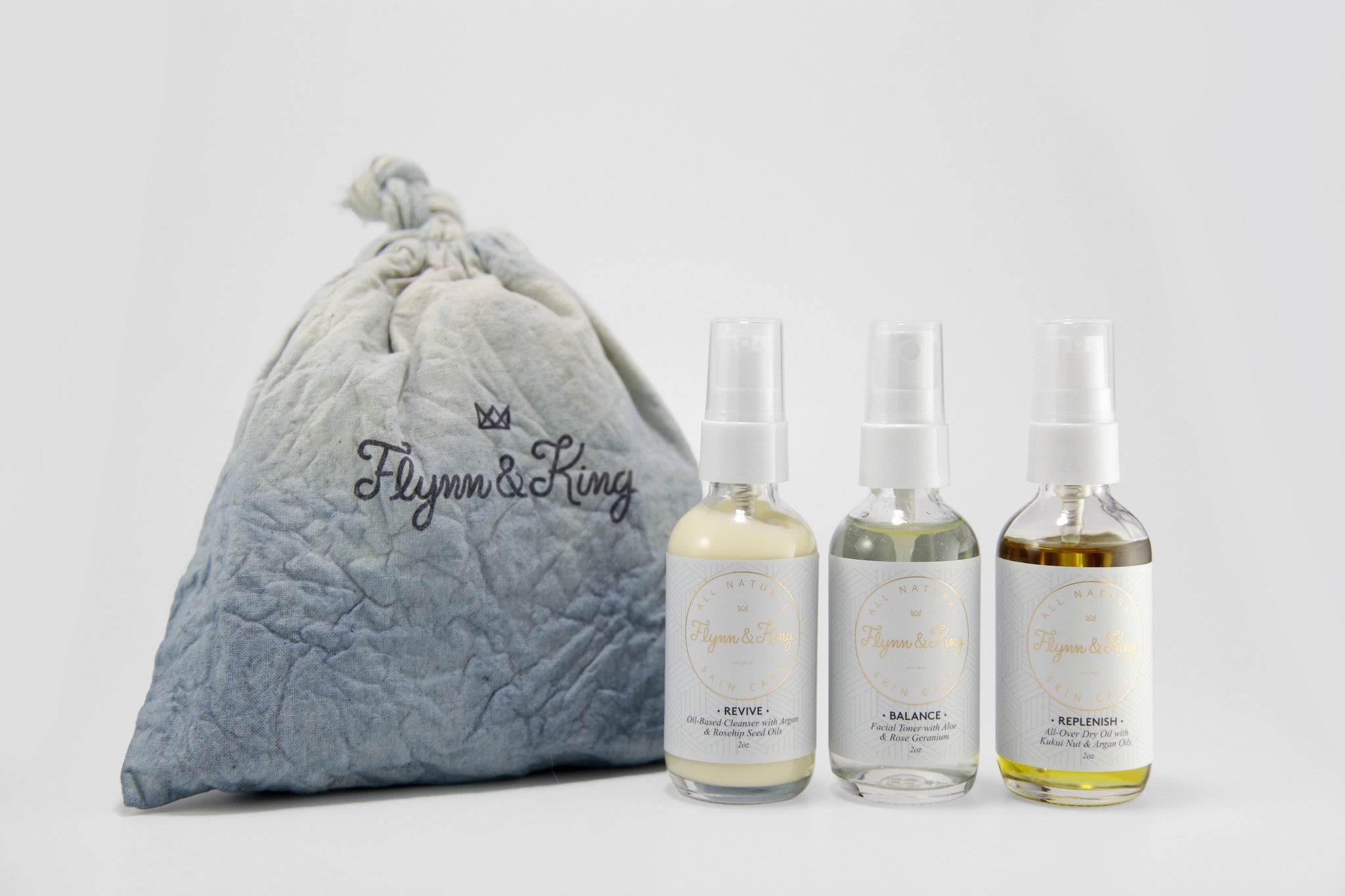 Weekender Set: Sampler of travel skin care with Revive Oil-Based Cleanser, Balance Aloe and Rose Geranium Toner, and Replenish All-Over Oil with Argan and Kukui Nut Oils